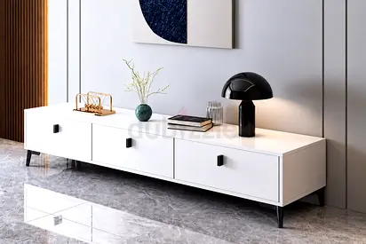 Low White TV Console / Media Unit with Drawers - Modern Design