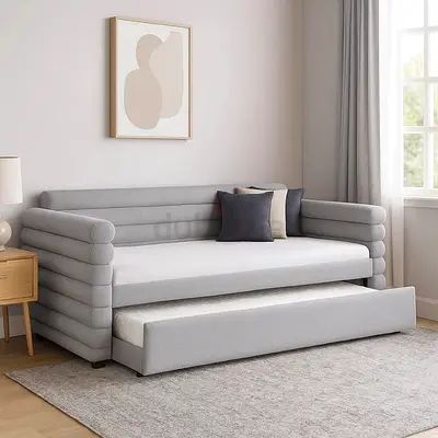 Light Grey Fabric Daybed with Pull-Out Trundle