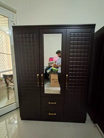 Dark Brown 3-Door Wardrobe With Mirror and Drawers