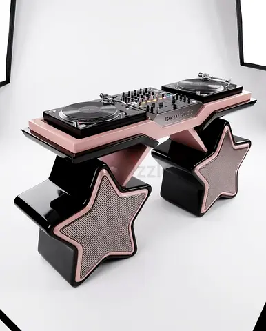 Unique Star-Shaped DJ Stand with Dual Turntables and Mixer