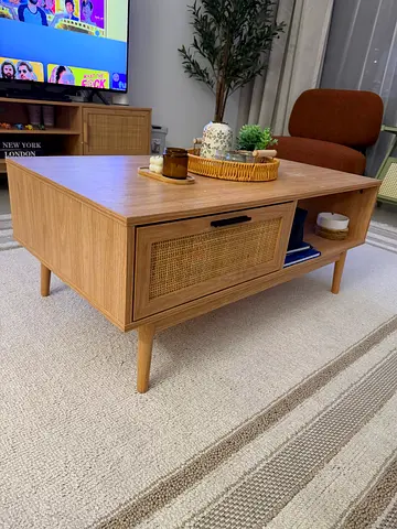 Modern Wooden Coffee Table with Rattan Drawer