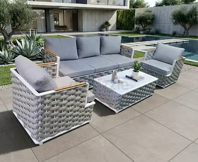 Luxury Rope Design Outdoor Aluminium Sofa Set with Marble Top Coffee Table