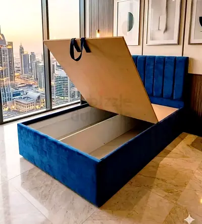 Blue Velvet Ottoman Storage Bed - Queen(with hydraulic lift)
