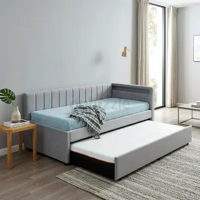 Grey velvet daybed with pull-out trundle