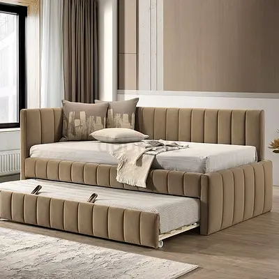 Modern upholstered double bed with pull-out trundle, beige