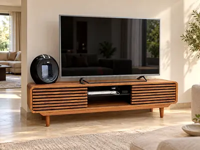 Luxury Solid Wood TV Entertainment Unit with Slatted Doors - Midcentury Style
