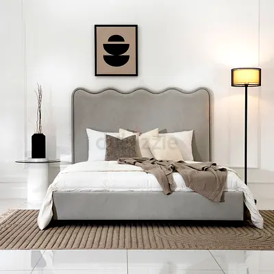 Gray upholstered queen bed with scalloped headboard