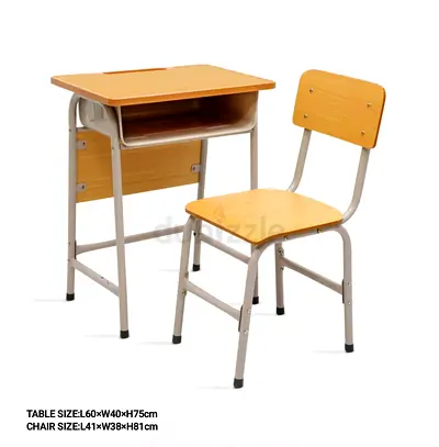 School desk and chair set — wooden top, metal frame (single set)