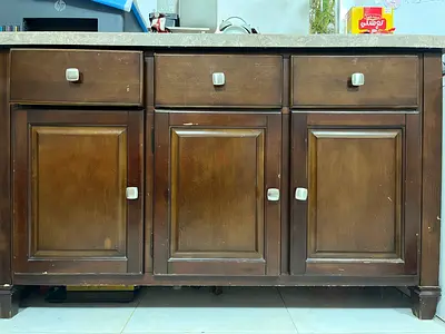 Solid Wood Kitchen Base Cabinet with Marble Top - 3 Doors, 3 Drawers