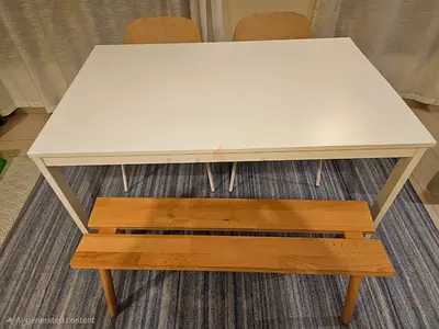 Ikea VIHALS white extendable dining table with wooden bench and chairs