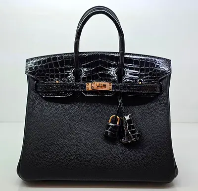 Hermès Birkin Touch 25 Black Togo & Niloticus Crocodile Rose Gold Hardware