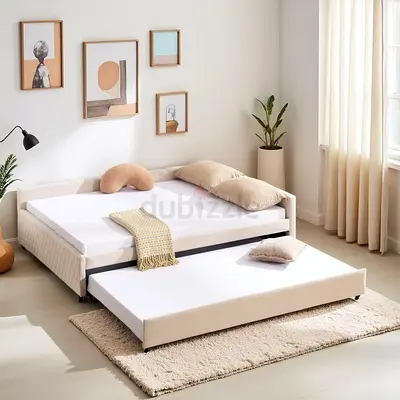 Beige Fabric Trundle Bed Frame - Double with Pull-Out Guest Bed