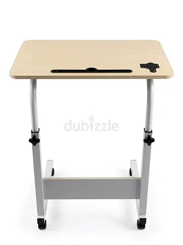 Adjustable Table - Can be used as side bed Table / Laptop Desk with rolling Wheels - Light Wood