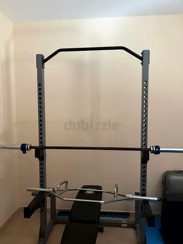 Complete home gym bundle: half rack with pull-up bar and plate storage, Olympic bar and hex bar