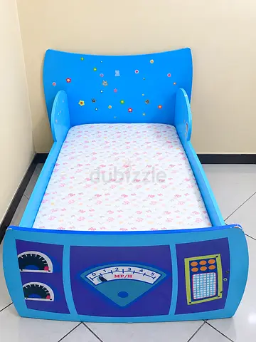 Blue Cartoon Car Toddler Bed with Mattress