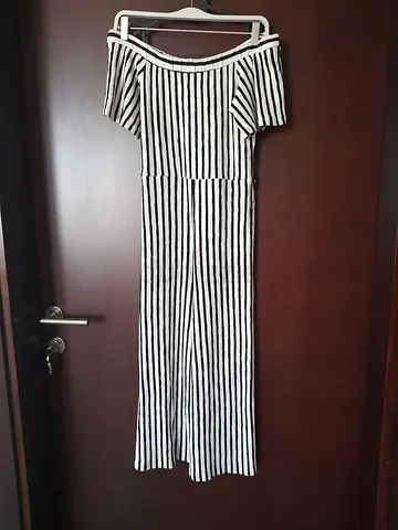 Black and white striped off-shoulder jumpsuit, size M