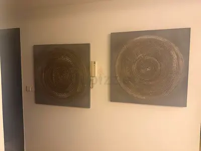 Pair of modern circular textured wall art panels - neutral grey/gold