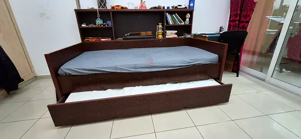 Custom-made, hard wood, single Wooden bed with Trundle bedframe and Shelves- Dark Brown (no matress)