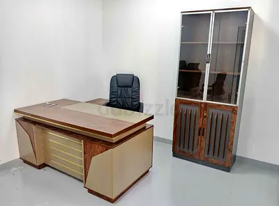 Executive Office Desk with High-Back Chair and Glass Cabinet - Set
