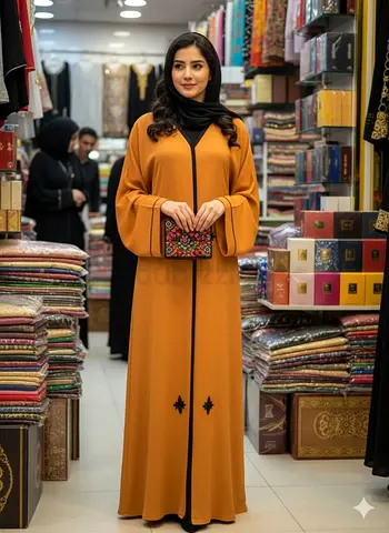 Mustard Abaya with Black Trim and Embroidered Detail — Size Available