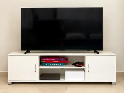 White TV Cabinet / Entertainment Unit - 120cm, 2 Doors, Open Shelves