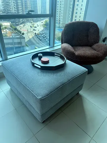 Light grey fabric sofa (single piece) wit black round wooden legs
