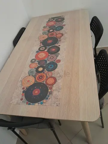 Ikea wood dining table with decorative printed top 4 chairs - excellent condition