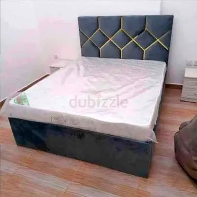Queen bed with upholstered headboard - dark grey