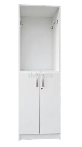 White Tall Hallway Storage Cabinet with Hooks and Lockable Lower Cupboard