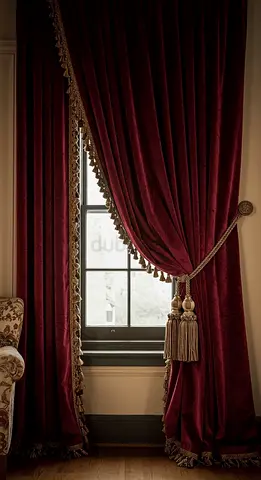 Burgundy Velvet Curtains with Tassel Tiebacks - Pair