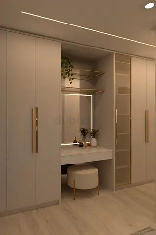 Custom built-in wardrobe with vanity and shelving