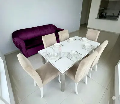 Purple Velvet Sofa & 6-Chair Dining Table Set