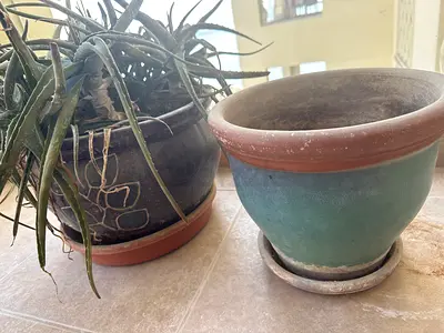 Pair of ceramic plant pots with saucers - green and patterned