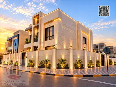Villa for sale in Ajman, corner plot on two streets, Al Zahiyah area. 5 master bedrooms, living roo