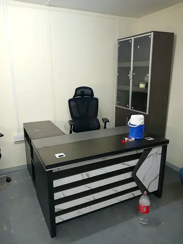 Executive office desk set with storage cabinet and ergonomic chair