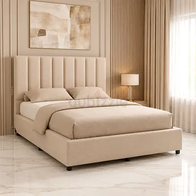 Upholstered Beige Double Bed with Padded Headboard