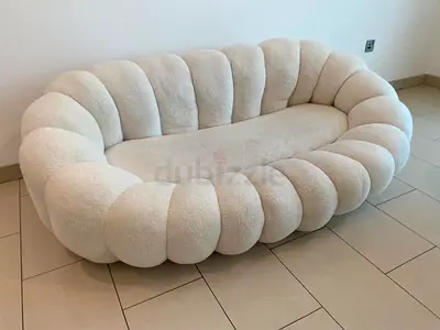Curved Plush Bouclé Sofa - Cream 3-Seater + coffee table