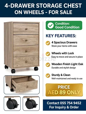 4-drawer wooden storage chest on wheels - light oak, good condition