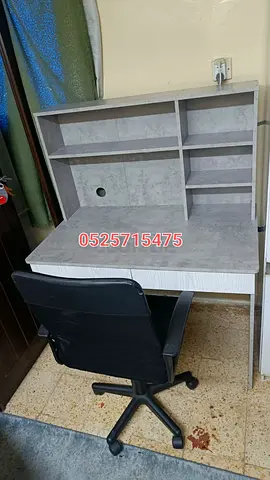 Compact study desk with hutch and office chair - light grey finish