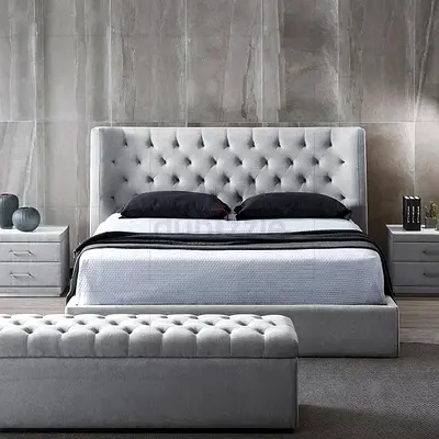 Grey Upholstered Tufted Bed with Headboard and Storage Base