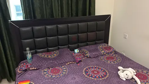 King  size upholstered bed frame with headboard - good condition with side tables