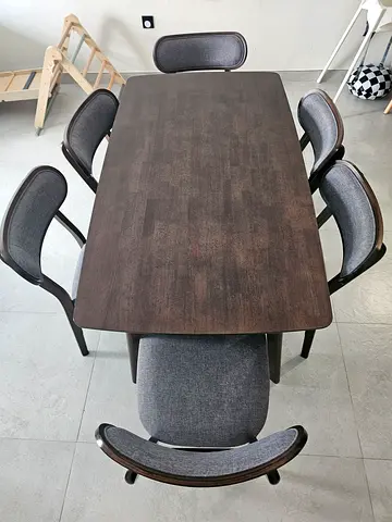 6-seater wooden dining table with cushioned chairs - dark brown