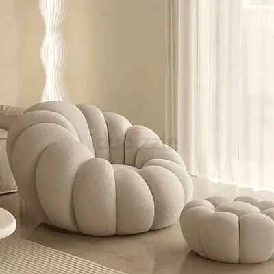 Beige Cloud-Shaped Plush Accent Chair with Matching Ottoman