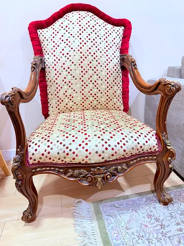 Vintage Carved Wooden Armchair with Polka Dot Upholstery (2 pcs)