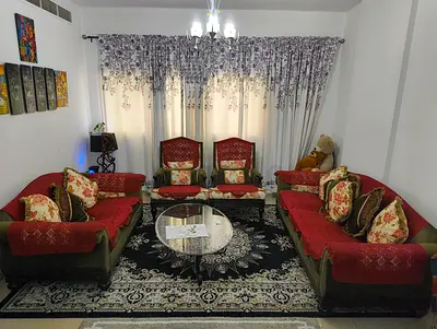 7-piece living room sofa set with coffee table and rug — used, good condition. Solid wood