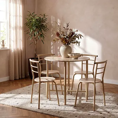 New Movo Nina 4-Seater Round Travertine-Finish Dining Set