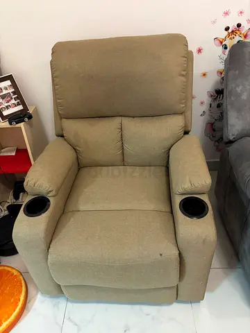 Single Recliner Armchair with Cup Holders - Beige Fabric