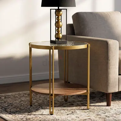 New Leroy Round Glass Top End Table with Shelf
