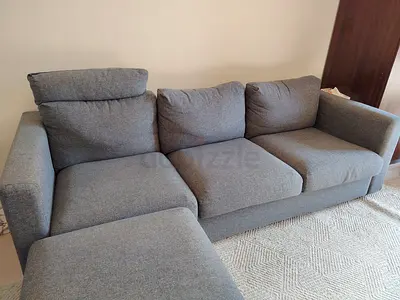 3-Seater Grey Fabric Sofa with Ottoman - Good Condition