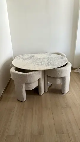 Set of Round Nesting Marble-Top Side Tables with Bouclé Base with 4 Cow Seats